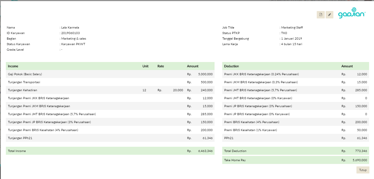 Contoh Slip Gaji Karyawan Kontrak atau Slip Gaji PKWTT | Gadjian