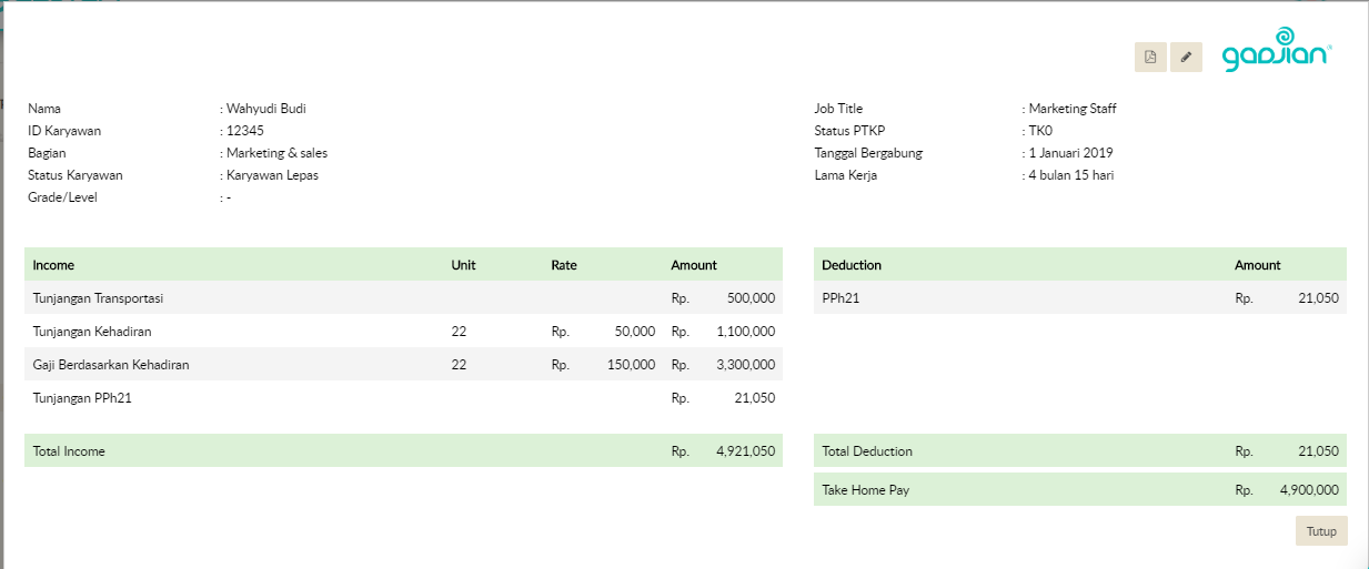 Contoh Slip Gaji Karyawan Lepas Harian | Gadjian