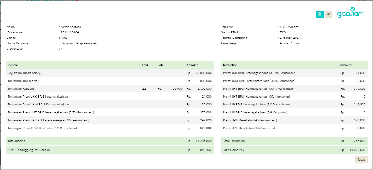 Contoh Slip Gaji Karyawan Tetap atau Slip Gaji Karyawan PKWT | Gadjian