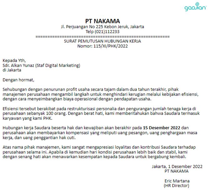 Contoh Surat Pemecatan Pekerja Contoh Surat Pemutusan Hubungan Kerja