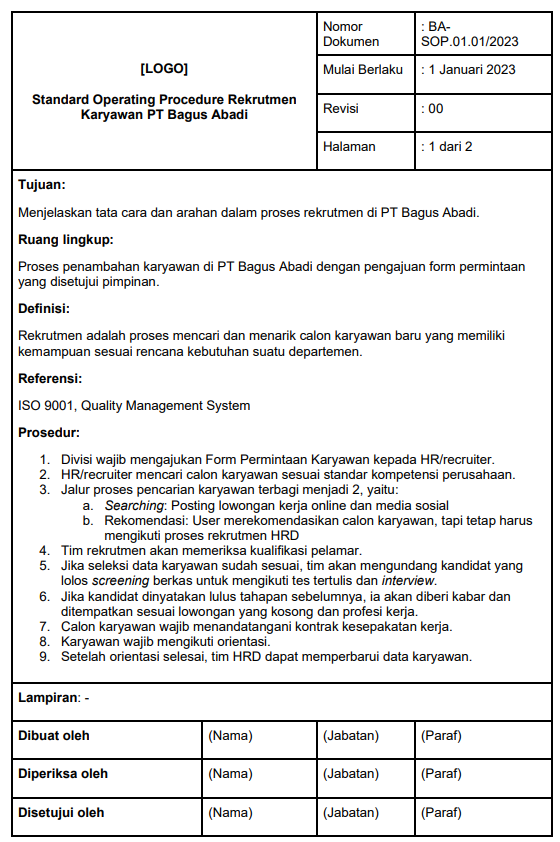 Contoh SOP Rekrutmen Karyawan