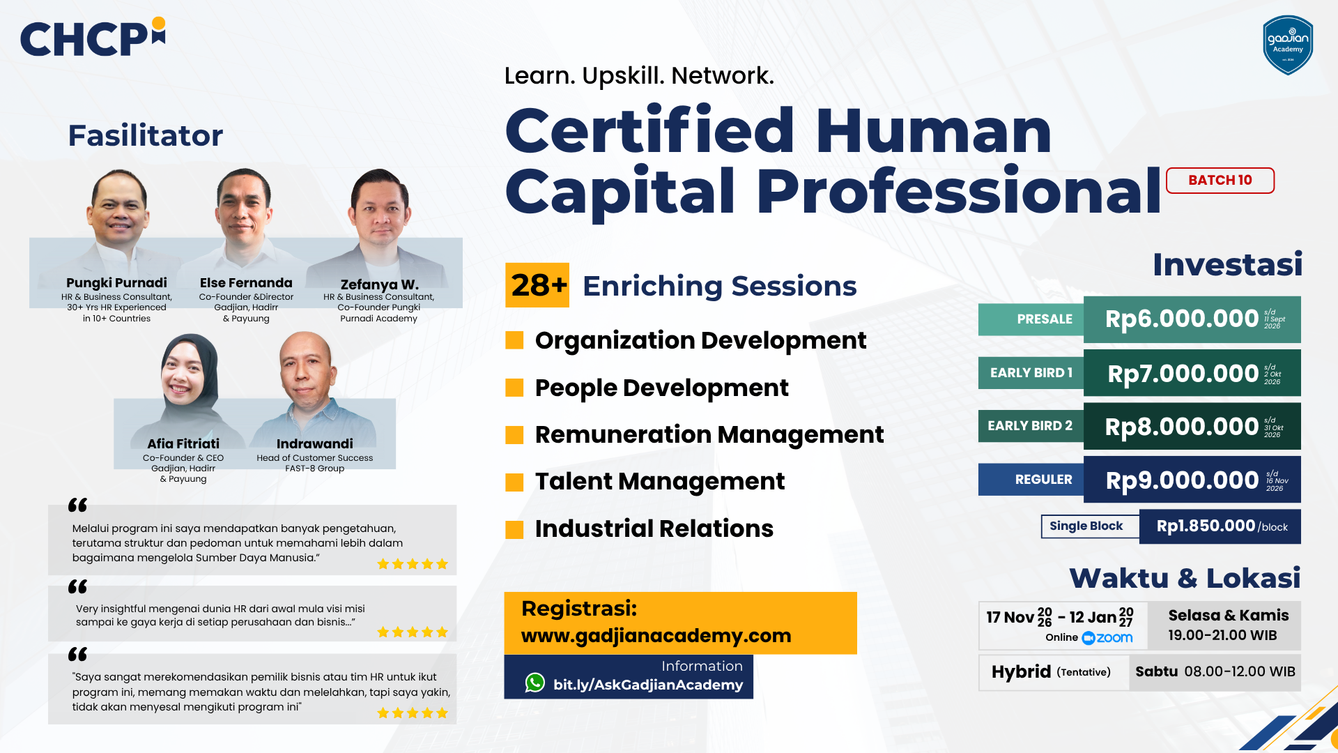 sertifikasi hr CHCP by Gadjian Academy Batch yang tepercaya untuk fresh graduate hingga hr/hc professional atau business owner